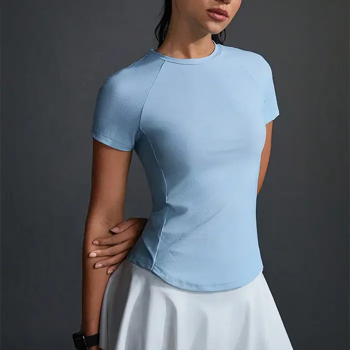 T-shirt bleu à manches courtes pour femme, coupe ajustée, col rond, tricoté, style streetwear sporti