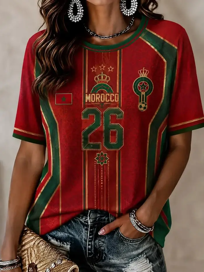 T-shirt de sport pour femme à col en V, motif drapeau de l'équipe nationale du Maroc, avec écusson «