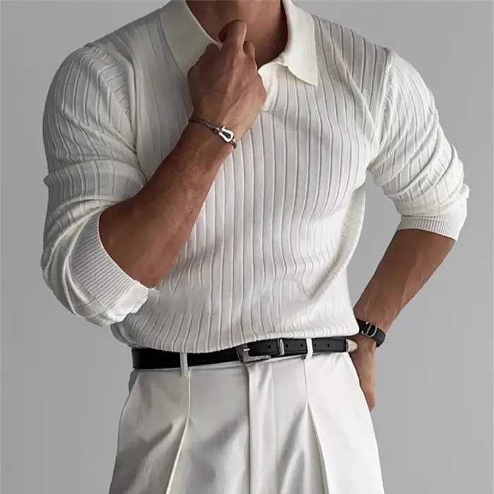 Polo de luxe en Jacquard tricoté pour hommes, col en v, couleur unie, manches longues, populaire cor