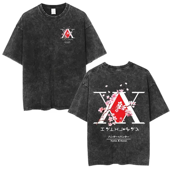 T-shirt délavé vintage avec logo Hunter X Hunter 2026, motif Killua Gon Fleur de cerisier, T-shirt g