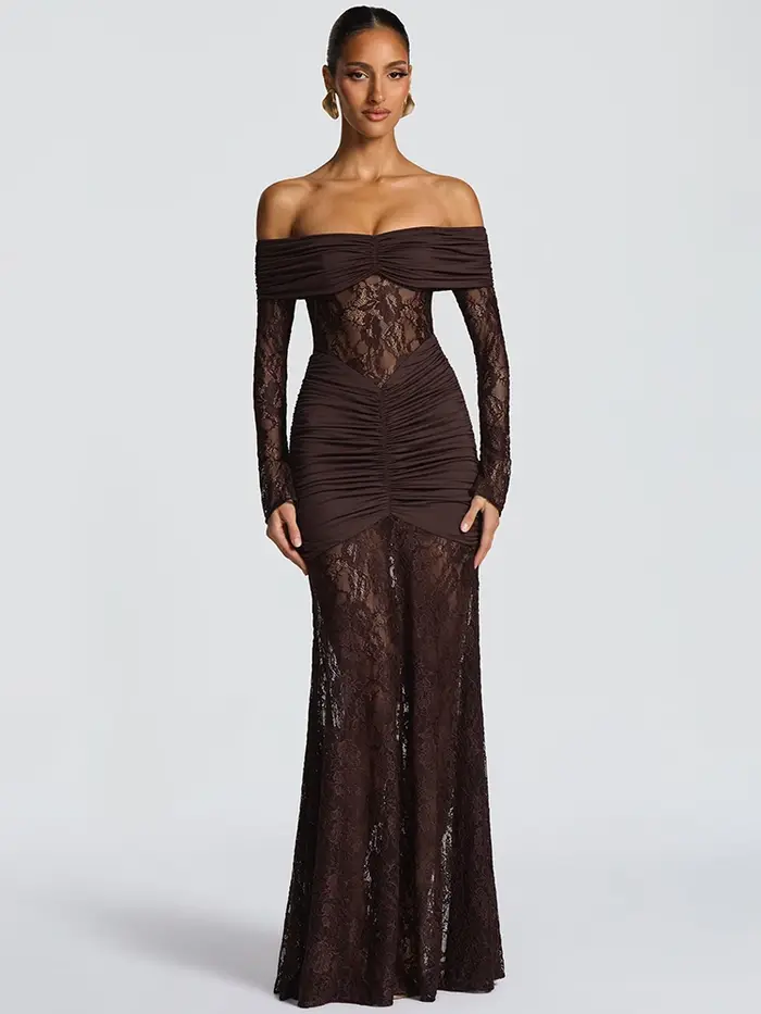Mozision épaules dénudées à manches longues Sexy robe Maxi femmes mode dentelle voir à travers brete