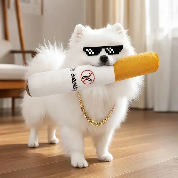 Jouet à mâcher interactif pour chien, en peluche, en forme de cigare, avec sonnette, résistant à la mastication, design cigarette factice pour jeu interactif