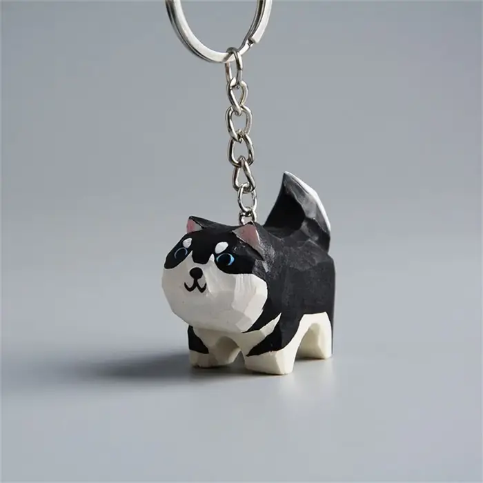 Akita Husky – porte-clés sculpté en bois, pendentif chien sculpté à la main, marionnette, chien Kawa