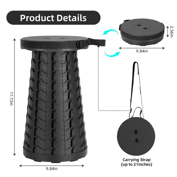 Tabouret télescopique pliable pratique avec hauteur et poignée réglables, adapté à la pêche, au camp