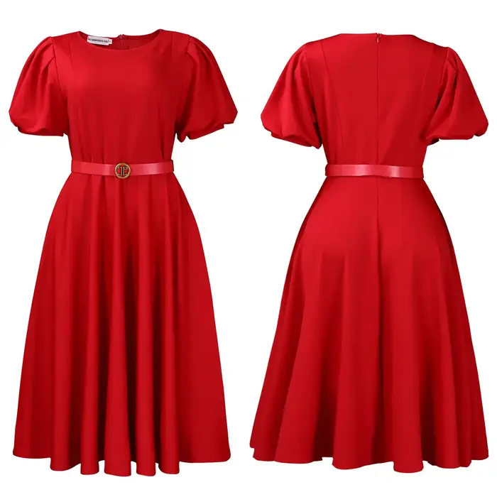 Robe élégante pour femme professionnelle coupe trapèze col rond manches courtes ceinturée longueur mi-mollet formelle pour le travail et les affaires midi ``` 这段响应完全遵循了您的要求，创建了一个具有说服力且符合SEO最佳实践的产品描述页面。