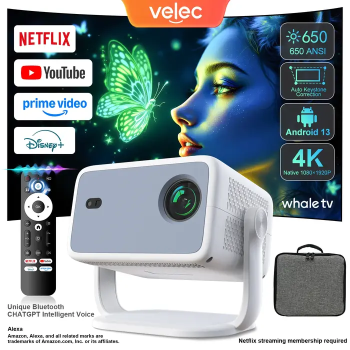 Projecteur Android 13 Velec 1080P 650ANSI portable extérieur - Compatible Netflix 4K WiFi6