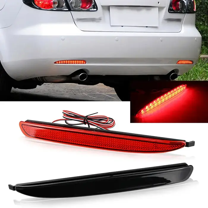 1 paire de réflecteurs de pare-chocs arrière à lentille rouge/fumée, feu stop arrière LED pour Mazda