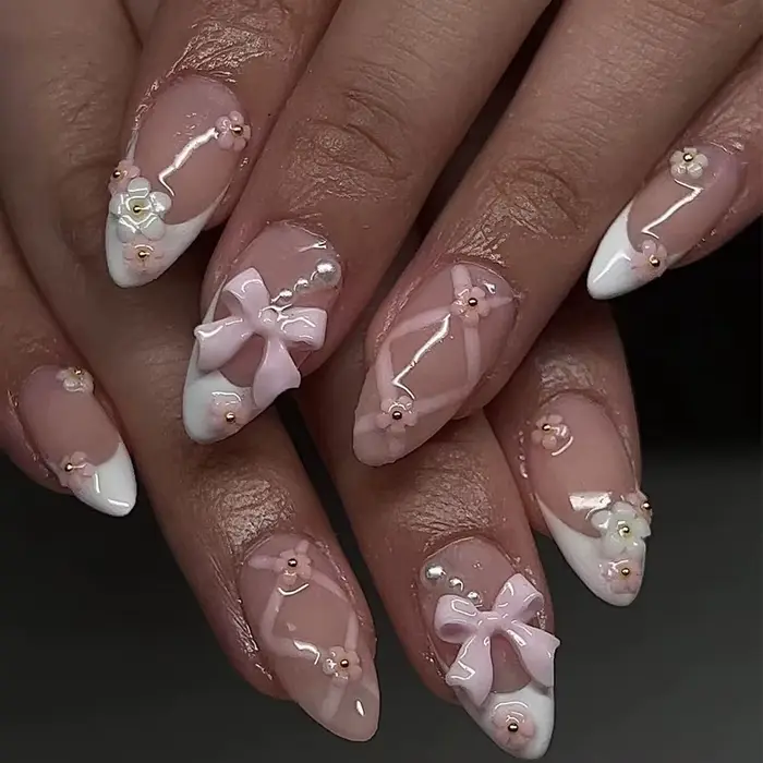 Faux ongles français longs à pression en amande, avec nœud rose, Design floral portable, manucure ov