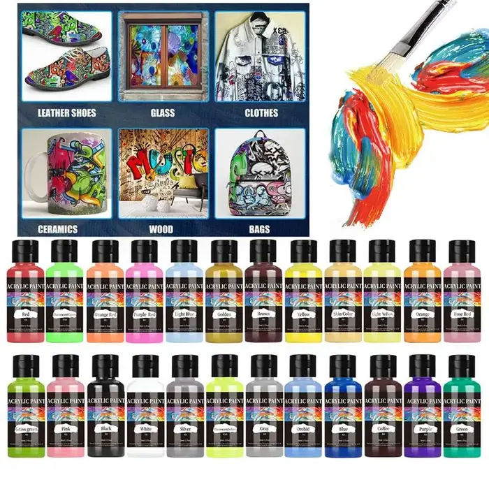 Peinture acrylique pour tissus et cuirs 30ml avec finisseur acrylique pour arts visuels et artisanat多样化styleType和用途关键词，但不包含价格、产地等信息。