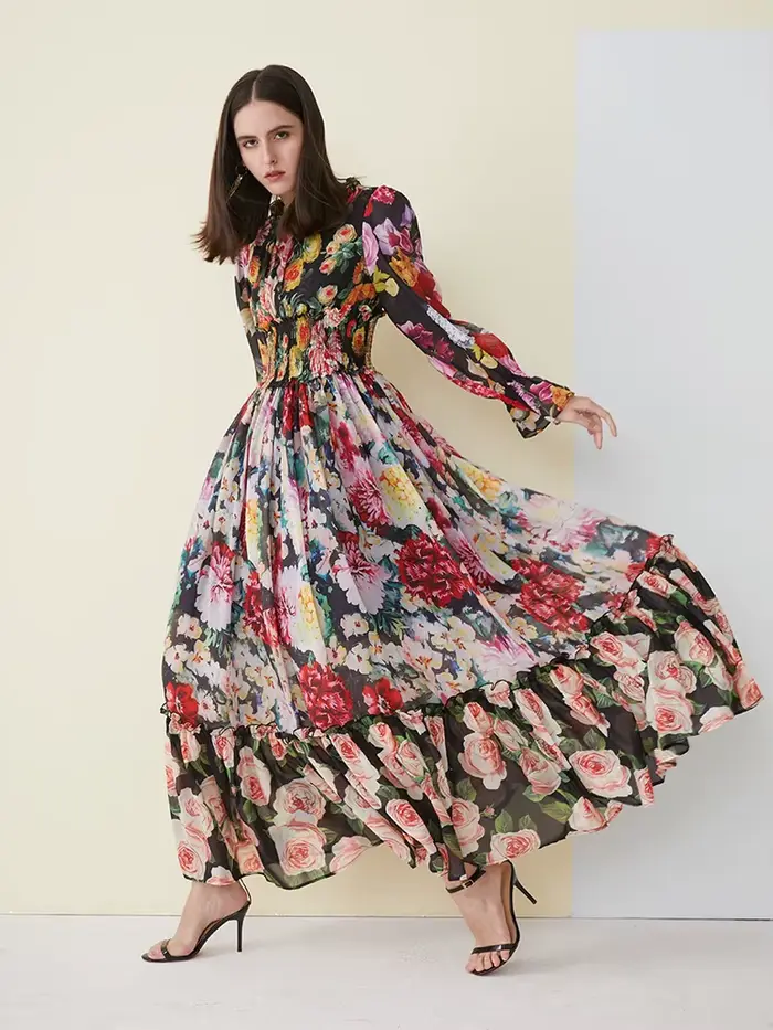 Robe d'été élégante en mousseline de soie pour femmes, imprimé floral, manches longues, col à volant