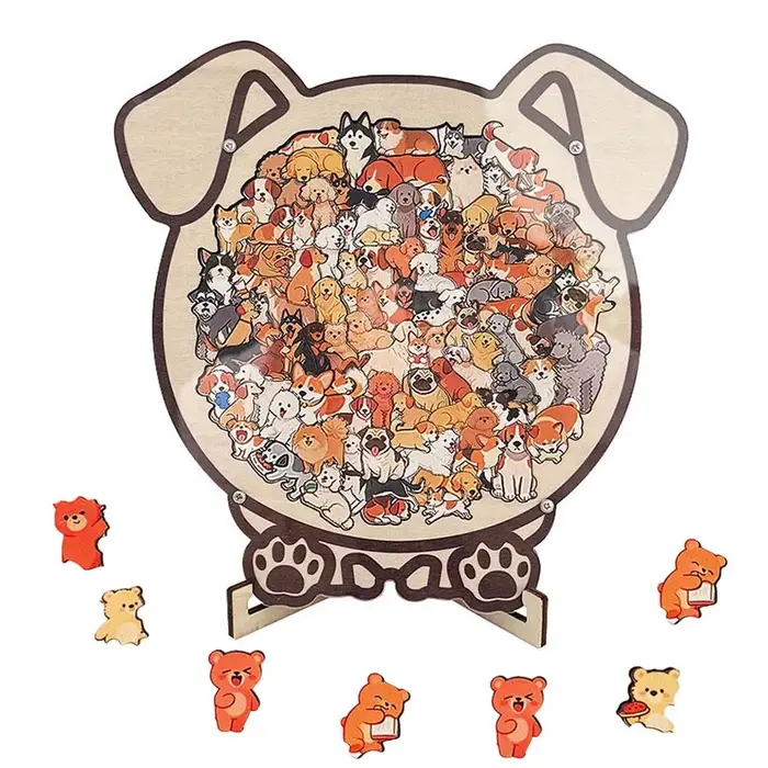 Jeu de puzzle irrégulier en bois sur le thème des animaux de compagnie (chat et chien) – Jouet de dé