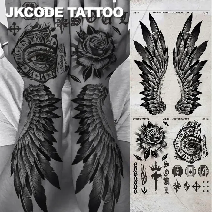 Tatouages imperméables pour hommes - Ensemble de 4 tatouages style graffiti urbain - Tatouages ailes de grande taille - Tatouages couronne, horloge, rose sur le dos de la main - Tatouages cool pour le
