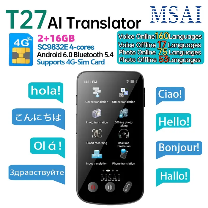 Traducteur MSAI T27 160 langues - Appareil traduction 4G avec SIM, 2+16GB et intelligence artificielle