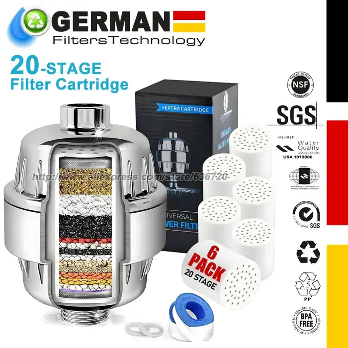 Filtre de douche adoucisseur d'eau GERWELL avec 6 cartouches de rechange pour éliminer le chlore et le fluorure, 20 étapes de purification, compatible avec toutes les douches, facile à installer