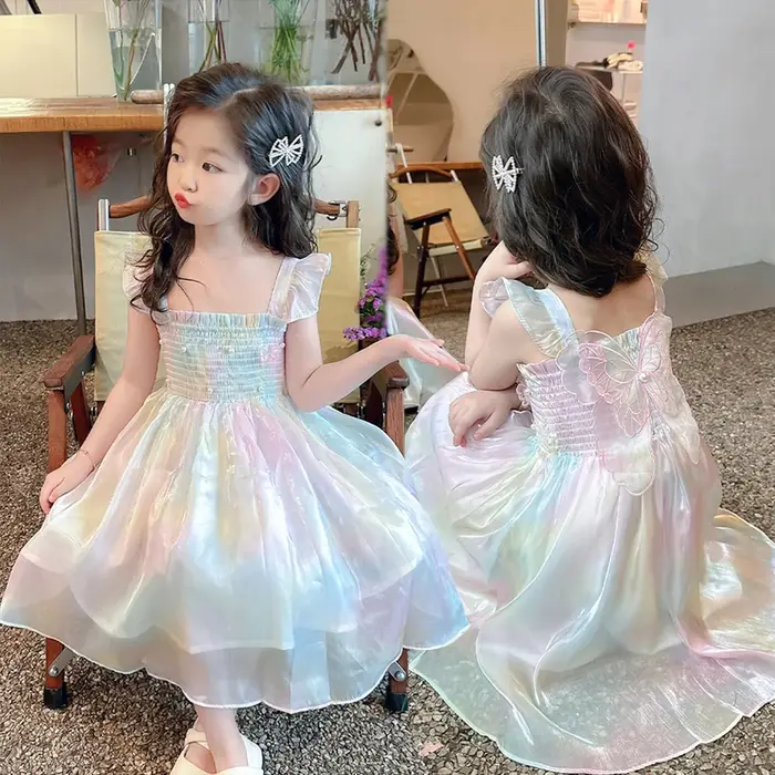 Robe princesse d'été pour filles de 1 à 8 ans, jolie robe en maille dégradée arc-en-ciel avec décora