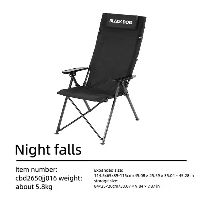 Chaise pliante d'extérieur Blackdog à 5 positions réglables, portable, pour camping, bureau, pause d