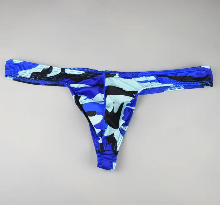 Sous-vêtements pour hommes en soie glacée camouflage, sexy, avec poche U convexe, string T-back, éla