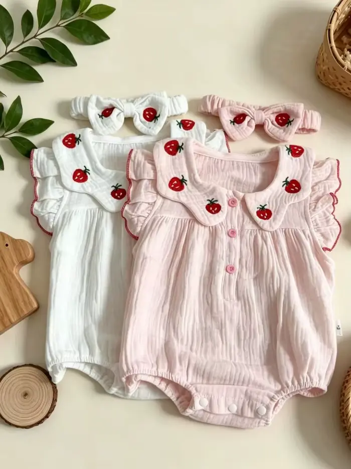Combinaison en gaze de coton 100% avec motif fraises pour filles 0-24 mois été style mignon sans manches à volants pour photos et sorties familiales