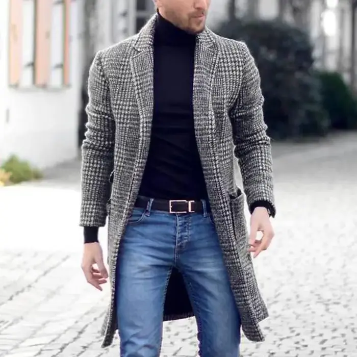 Vêtements d'hiver Trench de luxe pour hommes, manteau Long en laine, coupe-vent boutonné à carreaux 