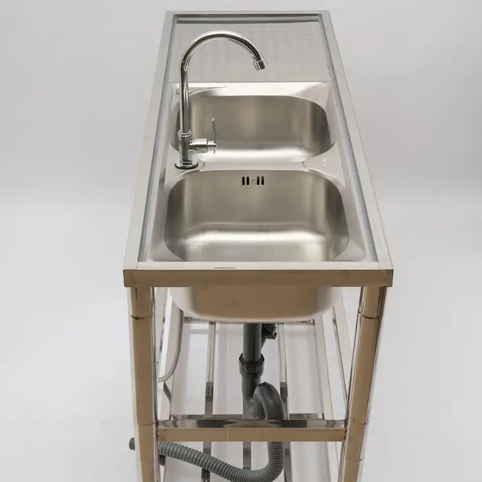 Évier utilitaire commercial en acier inoxydable, évier de cuisine à 2 compartiments avec table de pr