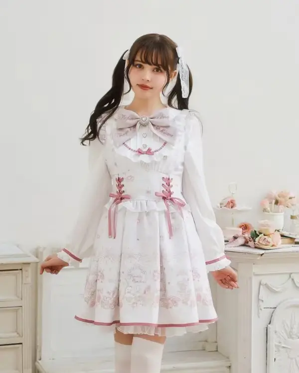 Robe Lolita japonaise pour femmes, manches longues, col de poupée, imprimé, taille élastique, Jirai 