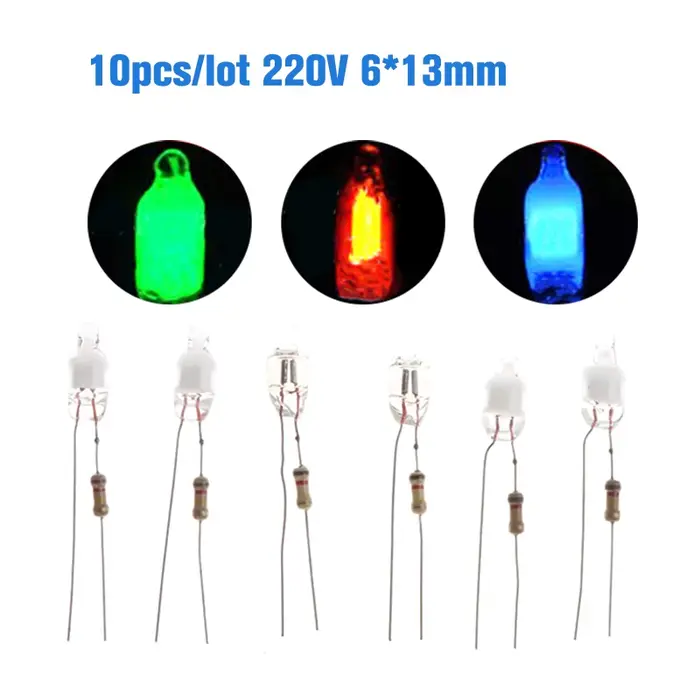10 pièces indicateur néon vert rouge bleu signes 6mm lampe au néon lueur 2 fil de cuivre 6X13mm ampo