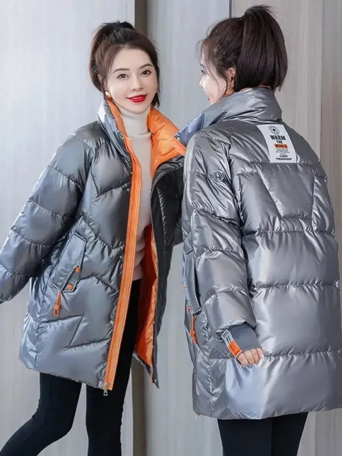 Parka courte brillante en coton rembourré pour femme, manteau décontracté, veste optique chaude, par