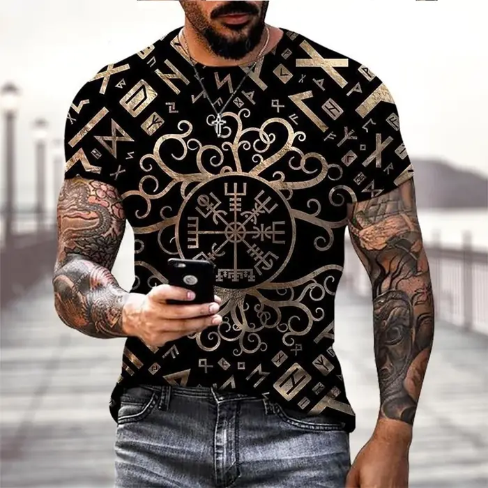 T-shirt pour homme sur le thème de la culture viking - Arbre de vie, imprimé runes - Manches courtes
