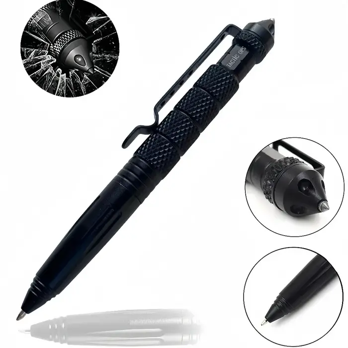 Stylo de survie tactique multifonctionnel EDC noir en acier tungstène pour la défense personnelle en extérieur