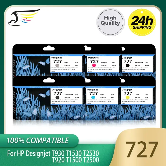 Cartouche compatible BFHH 130ML 727XL 727 pour imprimante HP DesignJet T1530 T920 T1500 T2500 T930 T2530 avec encre et puce, 6 couleurs