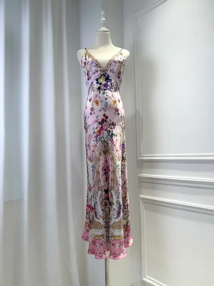 Robe longue élégante pour femme, dos nu, à bretelles, ornée de perles de cristal, 100% soie, imprimé