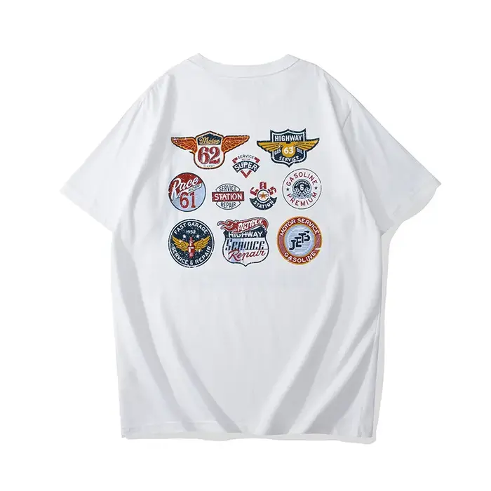 OKONKWO_Motorcycle marque imprimé Ami kaki T-shirt 200g rétro T-shirt à manches courtes