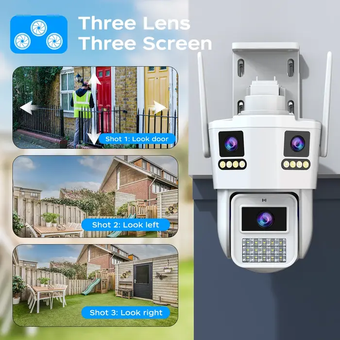 Caméra sécurité WiFi IP 15MP HD trois objectifs trois écrans détection humaine AI extérieur surveillance CCTV