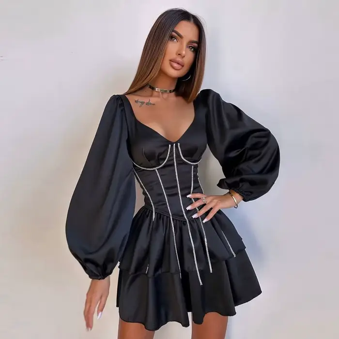 Robe de soirée élégante en satin noir, col en V unique, manches longues, robes de soirée formelles a