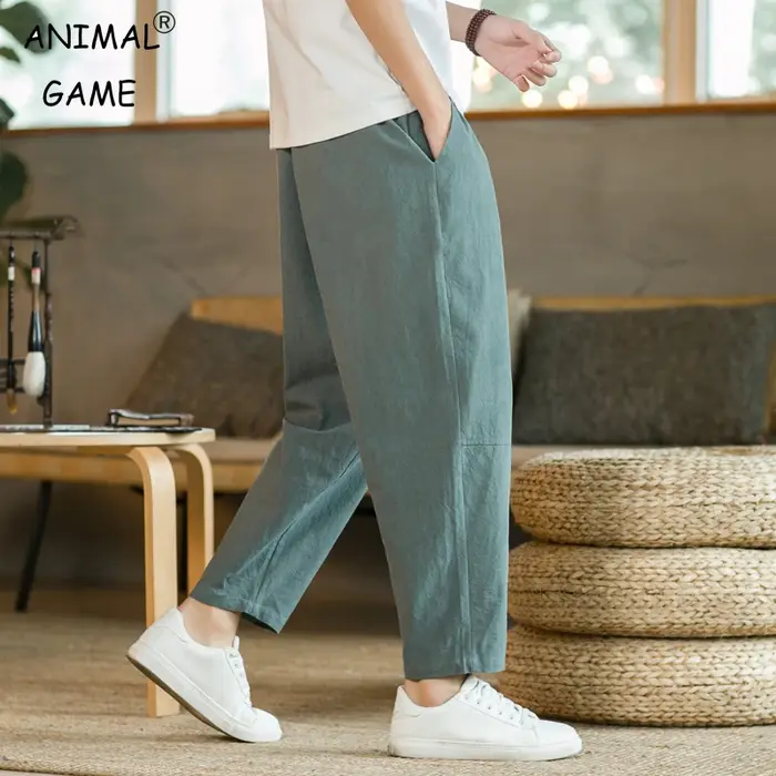 Pantalon homme coton lin mode pantalons décontractés couleur unie respirant short ample pantalon dro