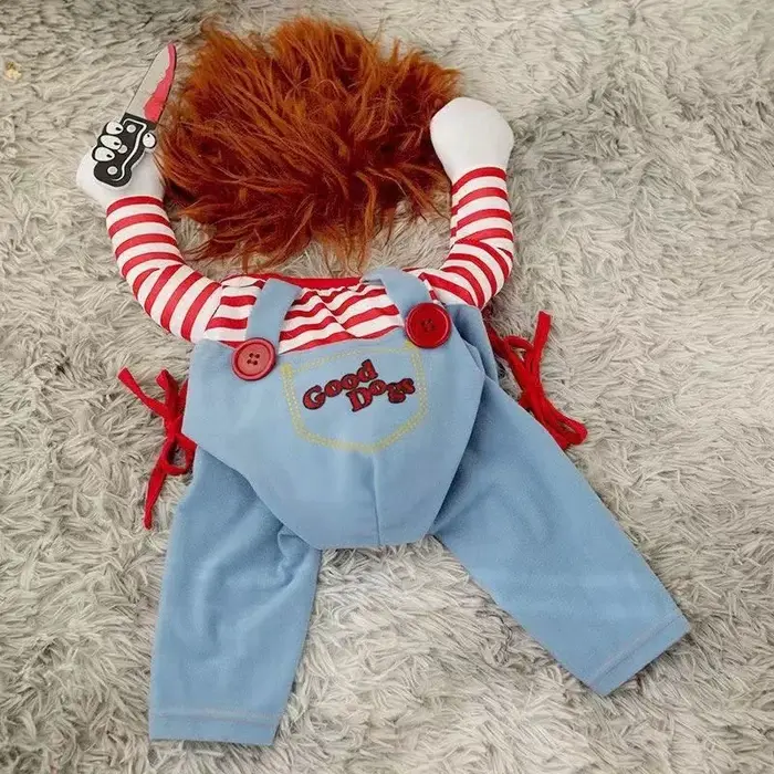 Costume de chien d'Halloween de Style poupée tueur, chemise rayée avec salopette et accessoire de co