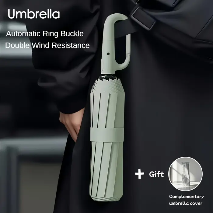 Clip mousqueton, portable, mains libres, parapluie pliant automatique. Comprend des nervures et une 