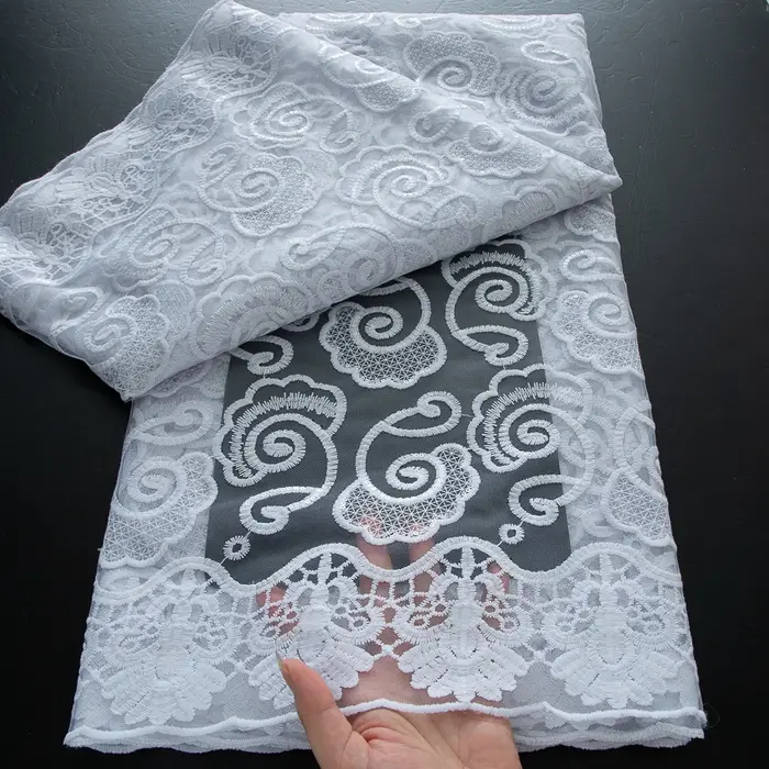Tissu nigérian blanc en dentelle à paillettes, 5 Yards, maille africaine française, Tulle, pour robe