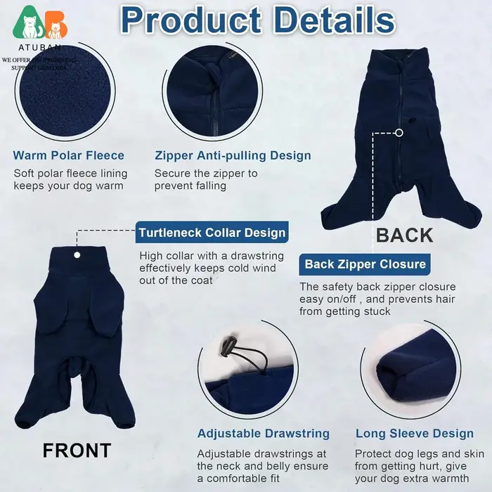 ATUBAN Manteau d'hiver pour chien, combinaison en polaire, veste sweat-shirt pour chien, pyjama intégral pour la randonnée, la marche et le sommeil du chien