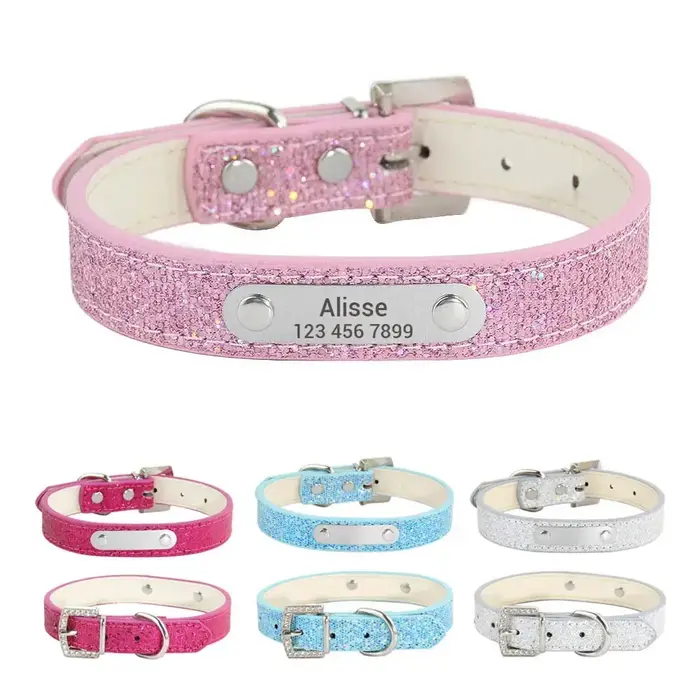 Collier personnalisé en cuir scintillant pour chiens de petite, moyenne et grande taille, parfait pour promenades et voyages