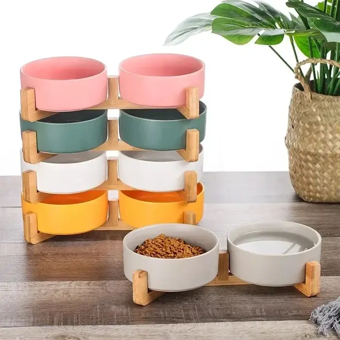 Filles en céramique pour animaux de compagnie avec support en bois