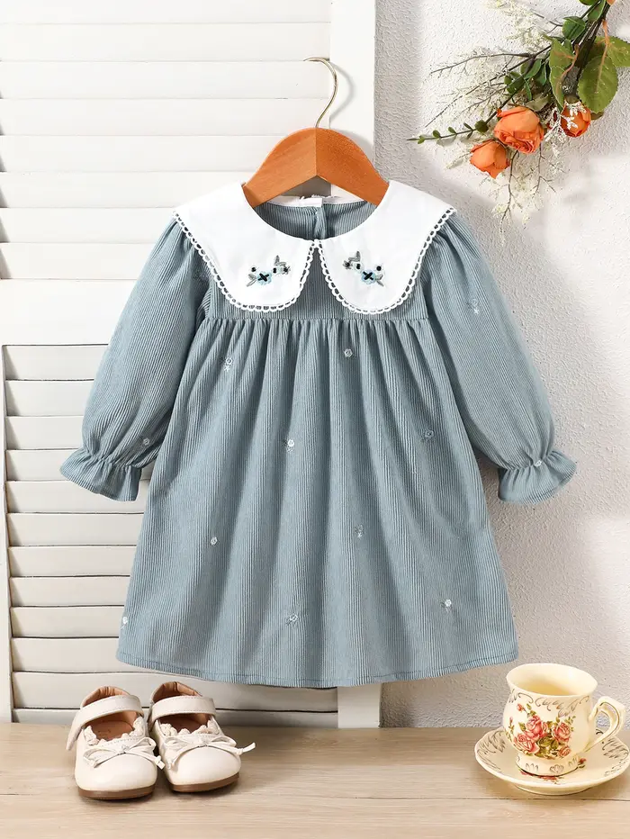 Robe en velours côtelé brodée de fleurs pour jeunes enfants, col brodé bicolore, robe à manches long