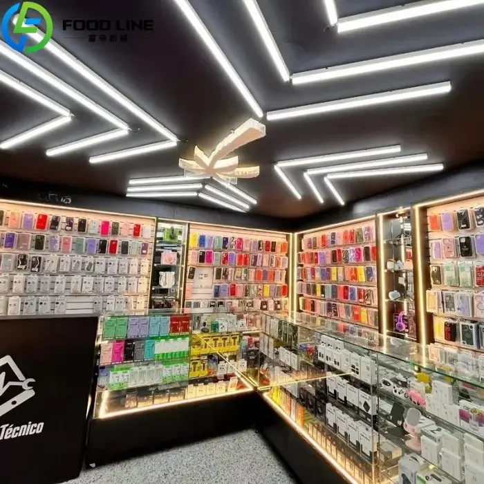 Conception d'intérieur personnalisée pour magasin de téléphonie mobile moderne, présentoir électronique, armoire de présentation d'accessoires pour téléphones portables, table