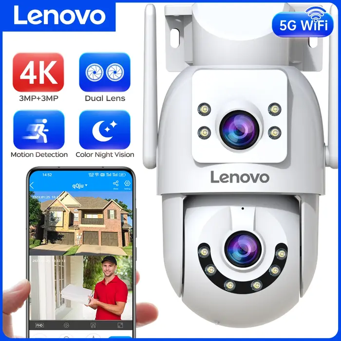 Caméra PTZ extérieure Lenovo HD 6MP double objectif double écran 5G WiFi tracking automatique surveillance sécurité vidéo
