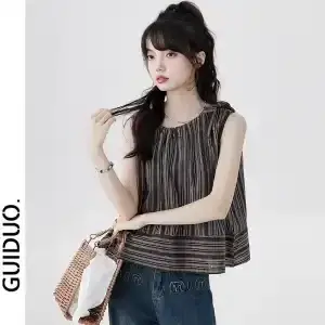 Tops en lin rayé français pour femmes, été, sans manches, amples, élégants, décontractés, camisole