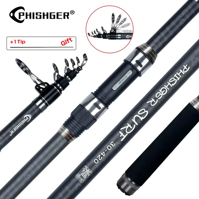 Canne surfcasting télescopique PHISHGER 3.6-5.3m - Power 80-150g carbone 30T pêche rivage mer
