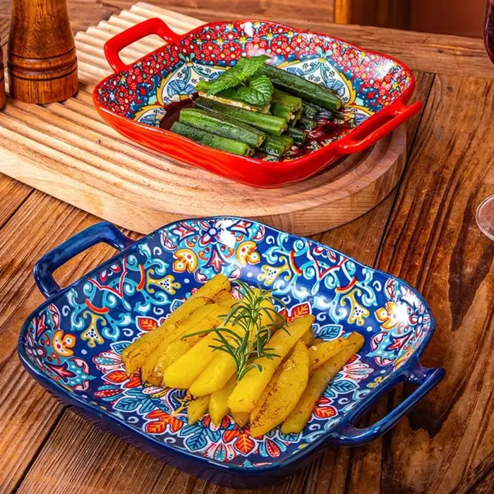 1 pièce d'assiette à salade de style bohème de 9 pouces avec plat à pâtes en céramique à double orei