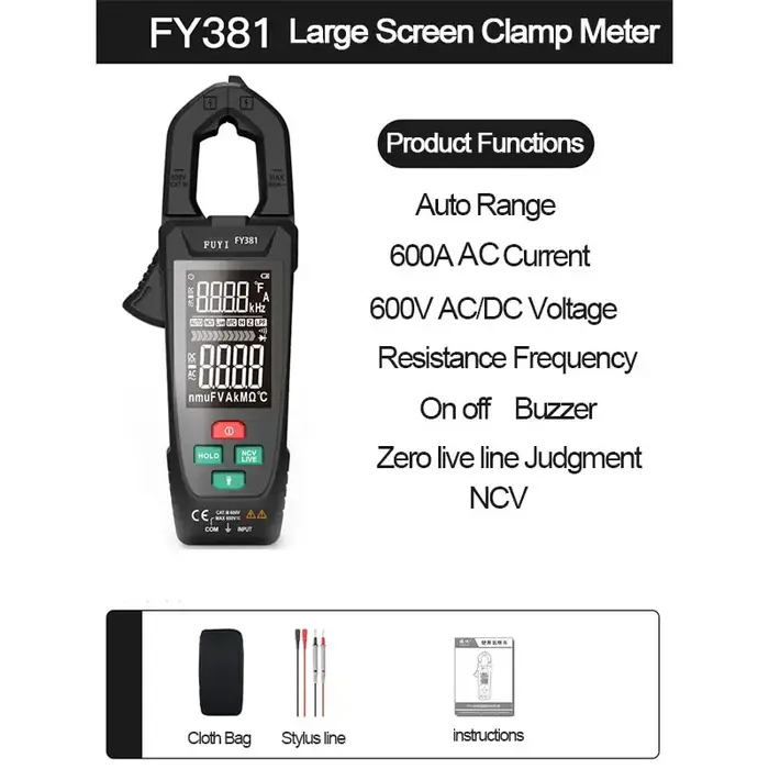 Pince ampèremétrique numérique grand écran, FY385, 9999 points, AC, DC, tension, courant, True RMS, 