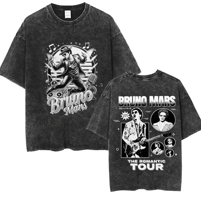 Bruno Mars The Romantic Tour 2026 T-shirts vintage délavés pour hommes et femmes, mode punk gothique
