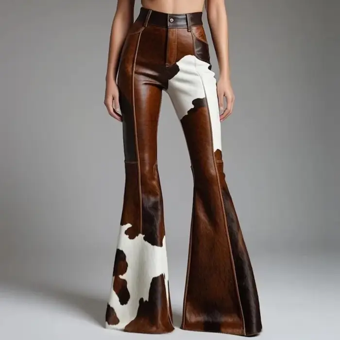 Pantalon évasé en cuir PU à motif vache pour femme, taille haute, pantalon slim en simili cuir, mode